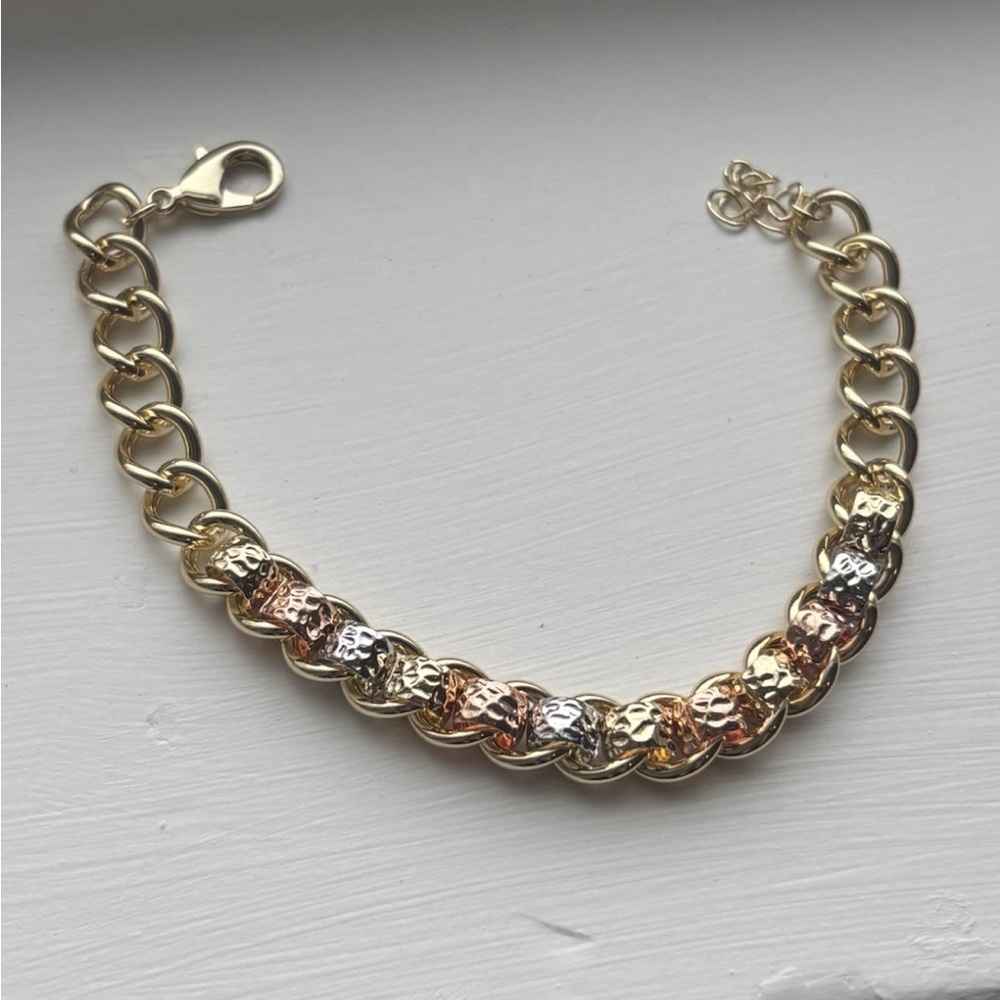 Gold Plated Chunky Chain Bracelet Mixed Metal Textured Links Statement Toggle - Picture 10 of 10